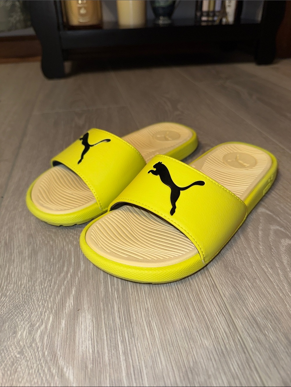Puma Bright Yellow Slide Sandals with Black Logo